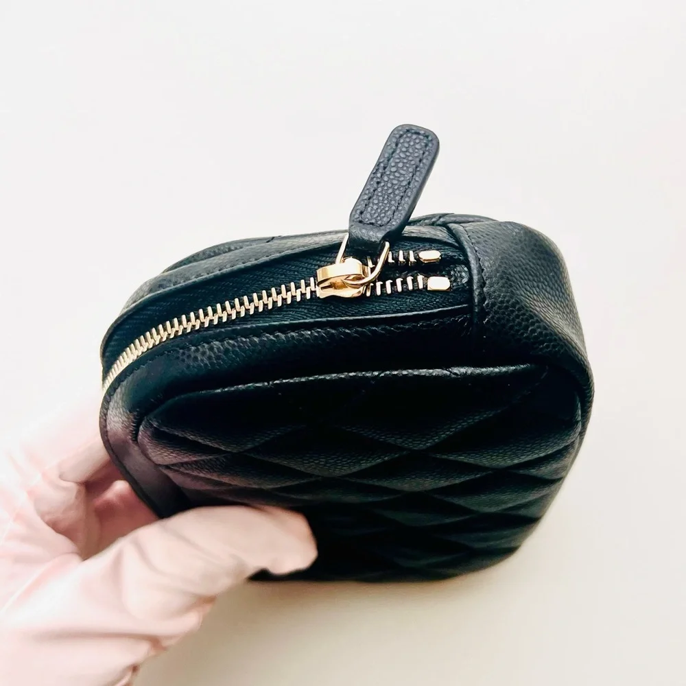 CHANEL Black Quilted Leather Cosmetic Pouch with Gold CC Logo